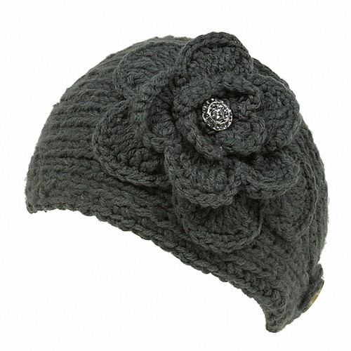 Headwraps / Neck Warmer : Crochet w/ Rhinestone Button - Dark Gray Color- HB-15-1ST-DGY