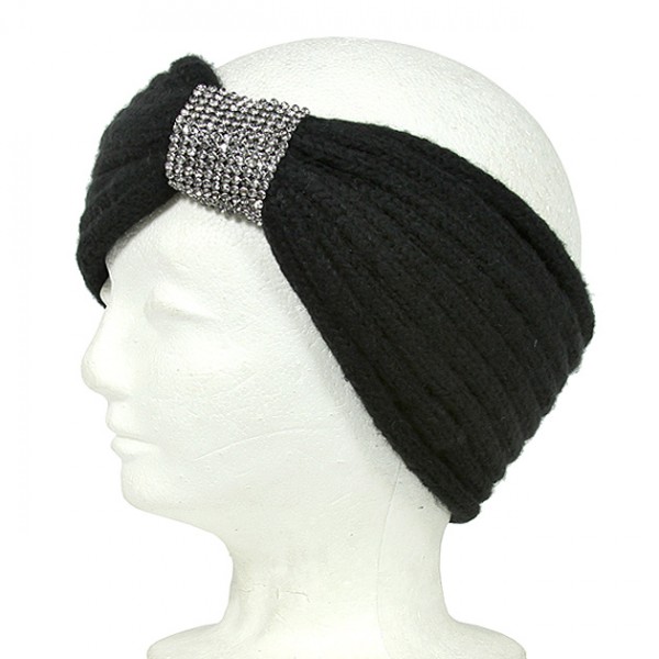 Knitted Headband w/ Rhinestoned Ring - Black Color - HB-HW12BK