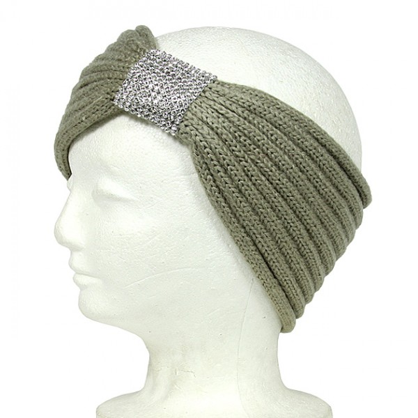 Knitted Headband w/ Rhinestoned Ring - Olive Color - HB-HW12OV
