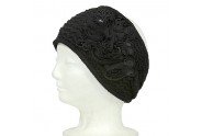 Headwraps:  Knitted Headband W/ Silk Roses - Black Color - HB-YJ3BK