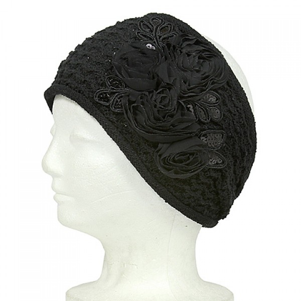 Headwraps:  Knitted Headband W/ Silk Roses - Black Color - HB-YJ3BK