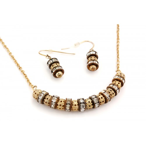Necklace & Earrings Set: Brass Tone Carving Balls + Crystal Rings - NE-GM46NEK