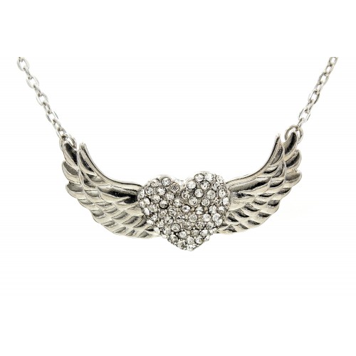 Rhinestone Heart w/ Angel Wing Charm Necklaces - Clear - NE-JVSN8921CL