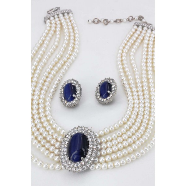 Multi Chain Faux Pearl Necklace and Earring Set - NE-264BL