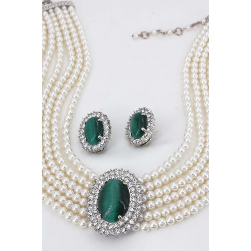 Multi Chain Faux Pearl Necklace and Earring Set - NE-264GN