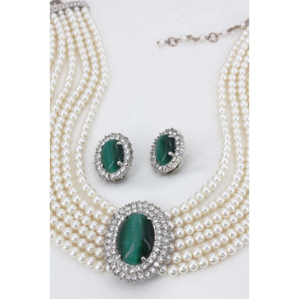 Multi Chain Faux Pearl Necklace and Earring Set - NE-264GN