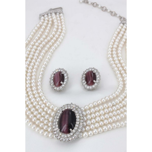 Multi Chain Faux Pearl Necklace and Earring Set - NE-264PL