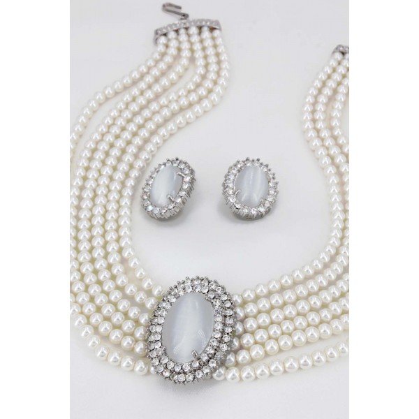 Multi Chain Faux Pearl Necklace and Earring Set - NE-264WT