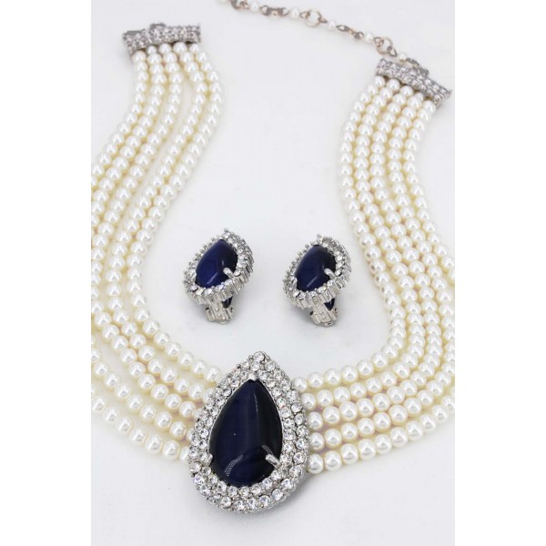 Multi Chain Faux Pearl Necklace and Earring Set - NE-265BL