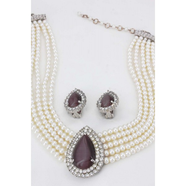 Multi Chain Faux Pearl Necklace and Earring Set - NE-265PL