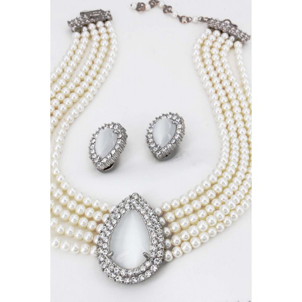 Multi Chain Faux Pearl Necklace and Earring Set  - NE-265WT
