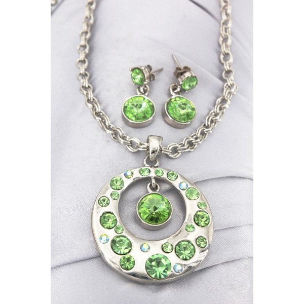 Gift set: Swarovski Crystal Round Charm Necklace & Earring Set - Rhodium Plating - Green - NE-ST1039SVGN