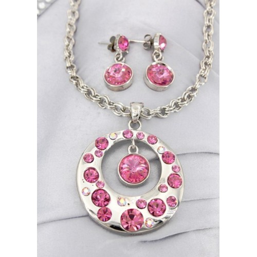 Necklaces Wholesale - Gift set:  Crystal Round Charm Necklace & Earring Set - Rhodium Plating - Pink