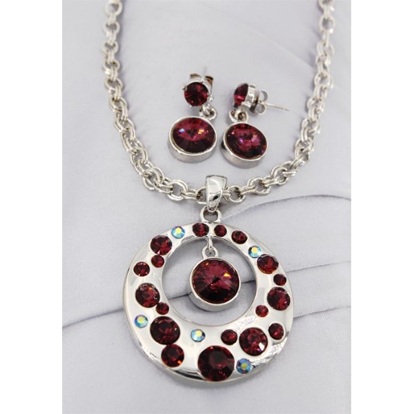 Gift set: Swarovski Crystal Round Charm Necklace & Earring Set - Rhodium Plating - Purple - NE-ST1039SVPL