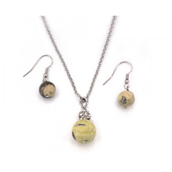Natural Stone Round Charm Necklace & Earring Set - Olive - NE-11871OL