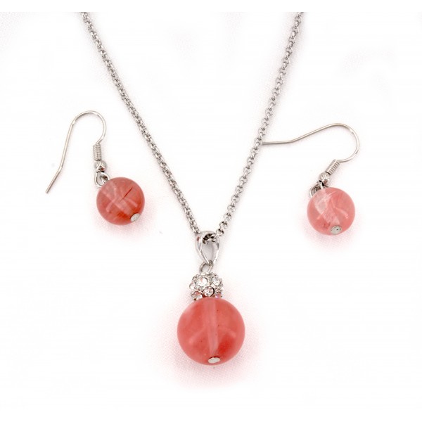 Natural Stone Round Charm Necklace & Earring Set - Rose - NE-11871RO
