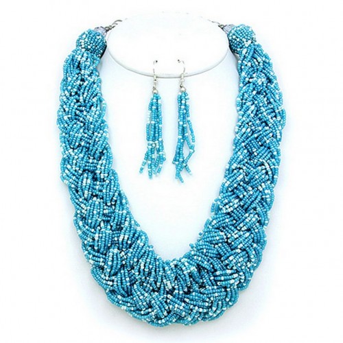 Multi Strand Beaded Woven Necklace & Earrings Set - TQ Blue - NE-12269TQ