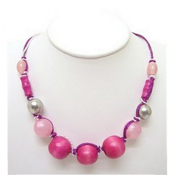 Wooden Beads Necklace - Hot Pink Color - NE-245HP