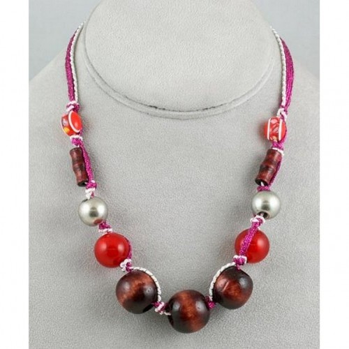 Wooden Beads Necklace - Hot Pink / Brown Color- NE-245HP-BN