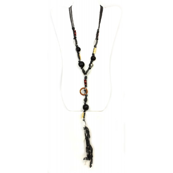 Mixed Beads Necklace W/ Ribbon String - NE-247BK