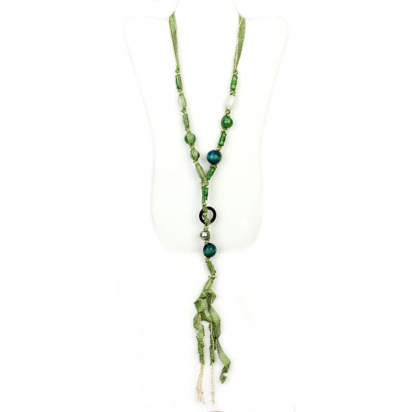 Mixed Beads Necklace W/ Ribbon String - NE-247GN