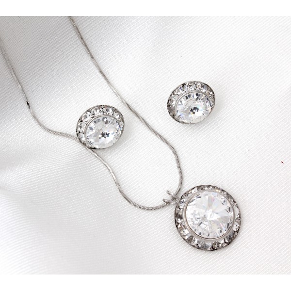 Roundelle Crystal Necklace & Post Earrings Set - Clear - NE-40007S-CR