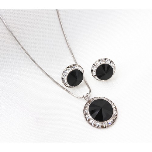 Necklaces Wholesale - Rondelle Crystal Necklace & Post Earrings Set - Black