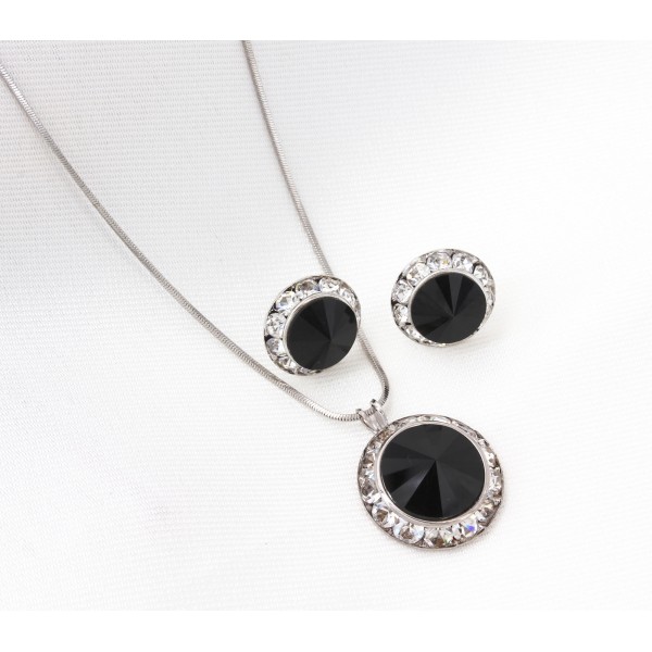 Roundelle Crystal Necklace & Post Earrings Set - Black - NE-40007S-JT