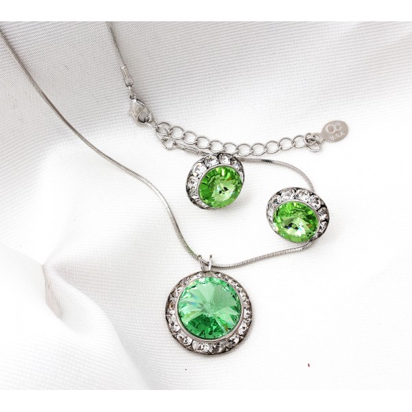 Roundelle Crystal Necklace & Post Earrings Set - Peridot - NE-40007S-PE