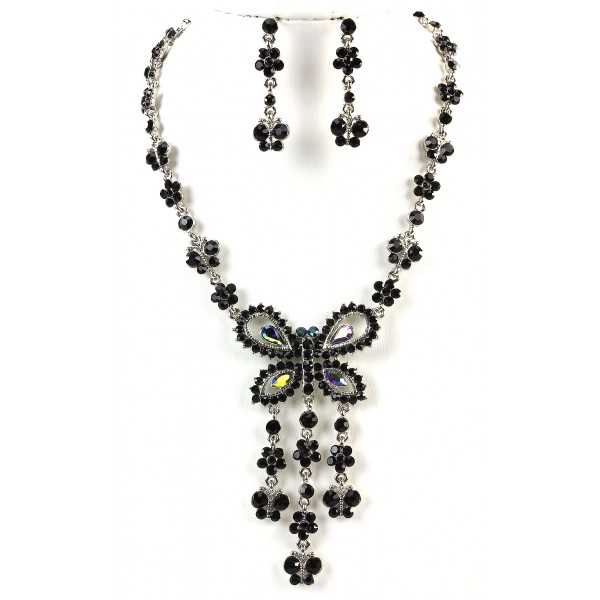 Rhinestone Butterfly Charm Necklace and Earring Set - Black Stones - NE-828BK