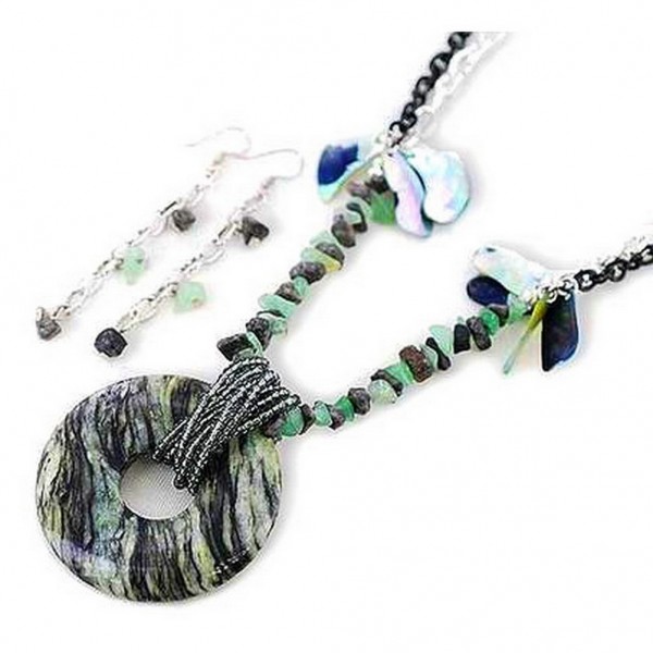 18" Gem Stone Necklace & Earrings Set w/ Circle Pendant  - NE-AACDS1401