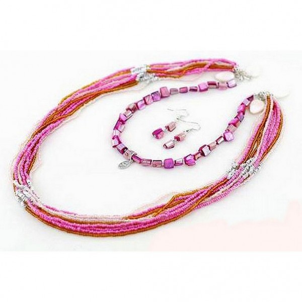 36" Multi Beaded Strands Necklace & Earring Set - Pink - NE-AACDS1423D
