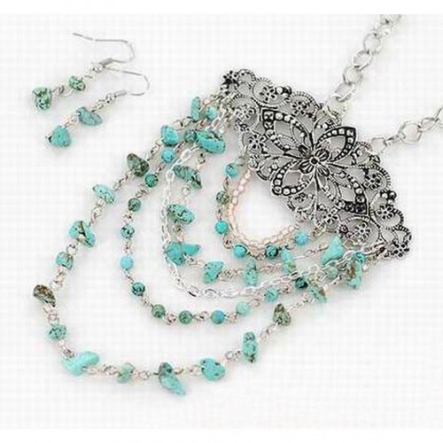 19" Filligree Charm w/ Multi Strad TQ Blue Beads Necklace & Earring Set - NE-AACDS1437C