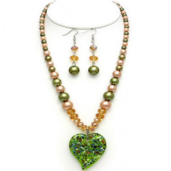 Murano Glass Heart Shape Necklace & Earrings Set - NE-AACDS1904F