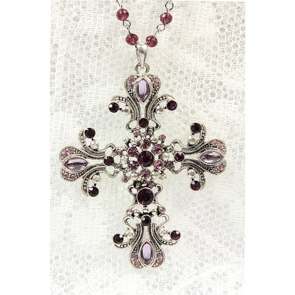 Cross Charm Necklace - Casting Silver w/ Purple Stones - NE-ACQN1876E