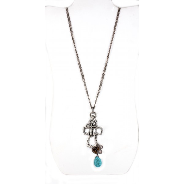 Double Chains Rhinestone Two Cross Charms Necklace w/ TQ Blue Stone - NE-ACQN4805