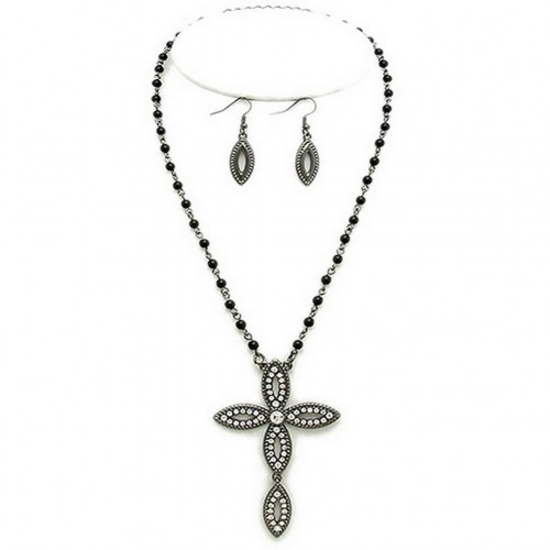 Cross Charm Necklace & Earrings Set - Hematite Plating w/ Clear Stones - NE-ACQS1144HA