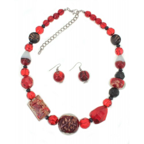 Multi Beads Necklace & Earring Set - Glass Ball w/ Red Beads - NE-ACS9856
