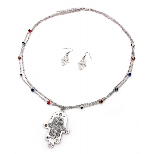 Hamsa Evil Eye Charm Double Chain Necklace & Earrings Sets - NE-AS3583RHC