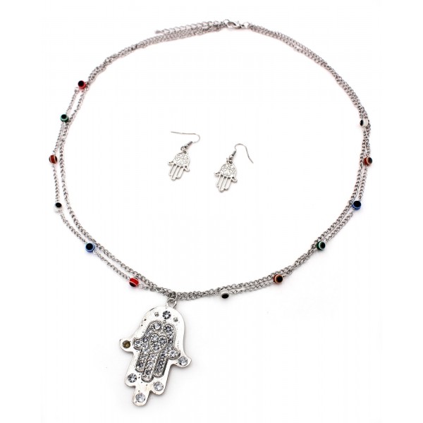 Hamsa Evil Eye Charm Double Chain Necklace & Earrings Sets - NE-AS3583RHC