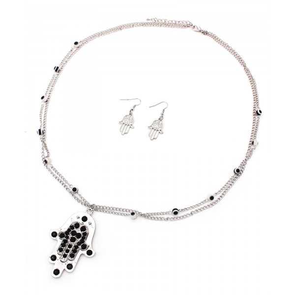 Hamsa Evil Eye Charm Double Chain Necklace & Earrings Sets - NE-AS3583RHJ