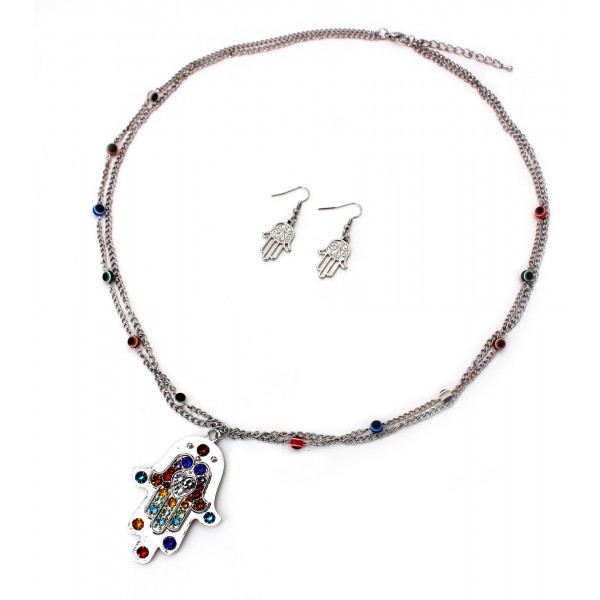 Hamsa Evil Eye Charm Double Chain Necklace & Earrings Sets - NE-AS3583RHMT