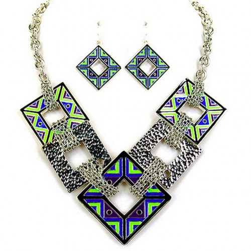 Geometric Square Charms Link Necklace & Earrings Sets - NE-AS4176SMX 