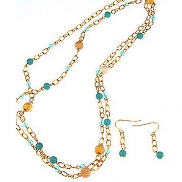Gold Chain Golden Beaded with Turquoise Color Pearl Beaded Necklace & Earring Set - NE-CQN2254C