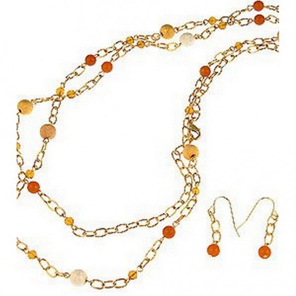 Gold Chain Golden Beaded with Coral Color Pearl BeadedNecklace & Earring Set - NE-CQN2254G