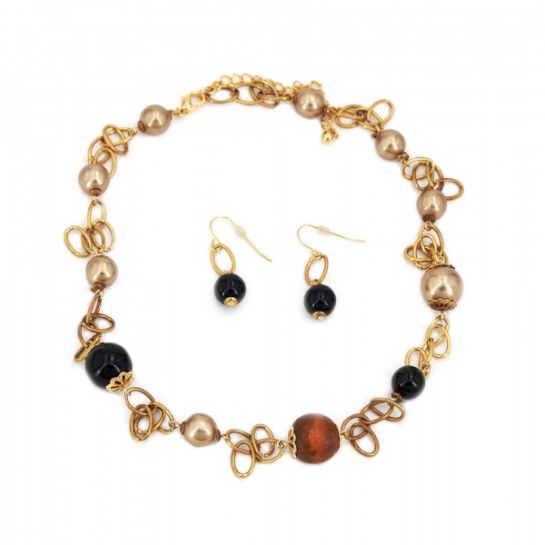 Gold-Tone Boho Necklace Set with Multi-Color Faux Pearls & Center Wood Bead - NE-CQN2343B