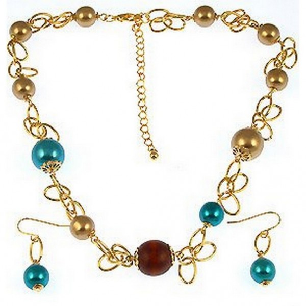 Gold-Tone Boho Necklace Set with Multi-Color Faux Pearls & Center Wood Bead- NE-CQN2343C