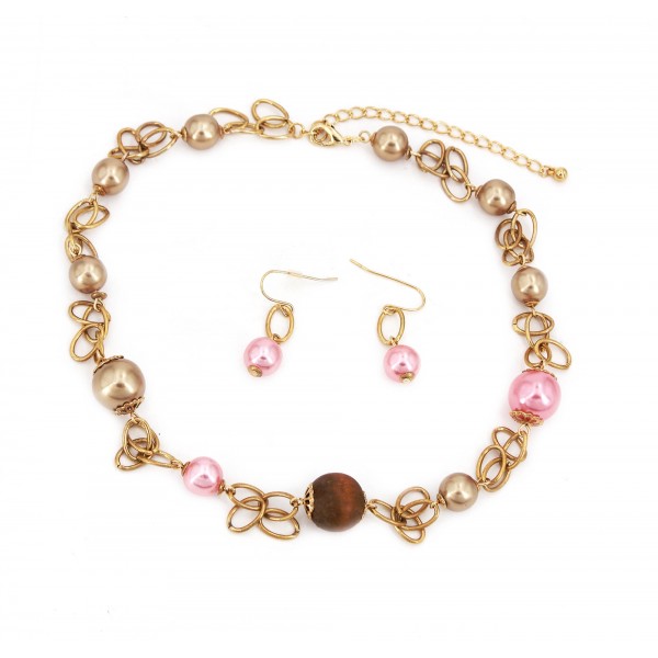 Gold-Tone Boho Necklace Set with Multi-Color Faux Pearls & Center Wood Bead- NE-CQN2343D