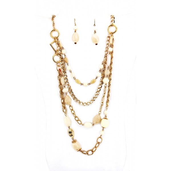 Multi Gold Chain w/ Ivory Beads - NE-CQN4618A