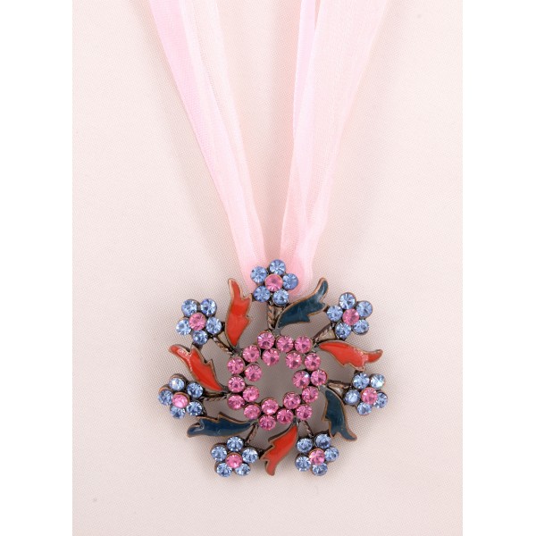 Rhinestone Floral Charm w/ Ribbon Necklace - Pink - NE-EK180PK